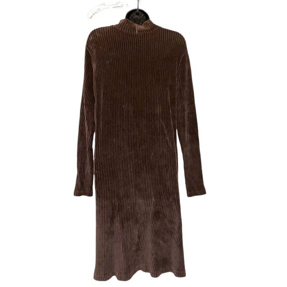 Y2K Velvet Corduroy Mini Dress M Ribbed Mock Neck Long Sleeves Wide Wale Neutral - Picture 4 of 7